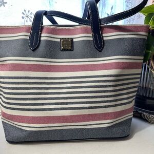 Striped Navy and Pink Dooney & Bourke Leather Tote Bag with Zip Closure